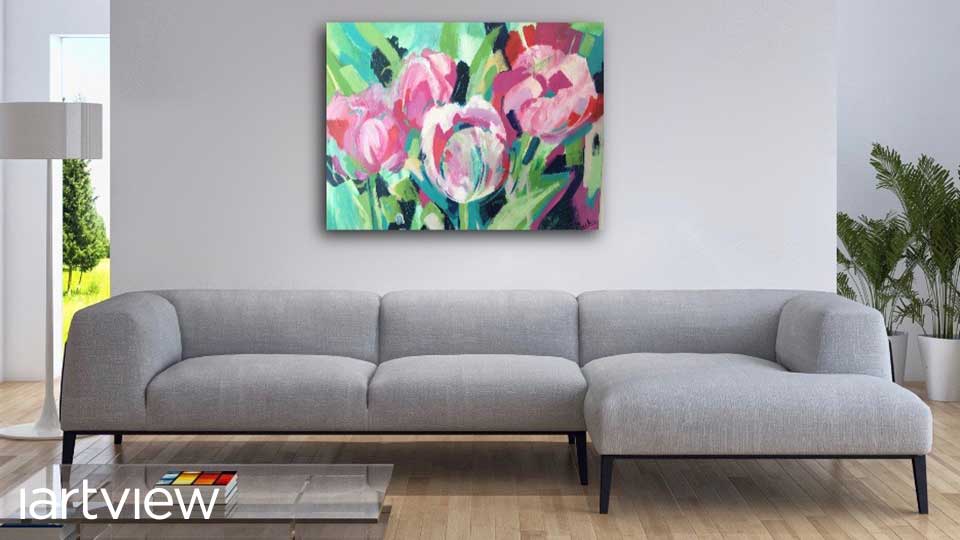 A mockup of Julie's watercolour painting hanging in a living room