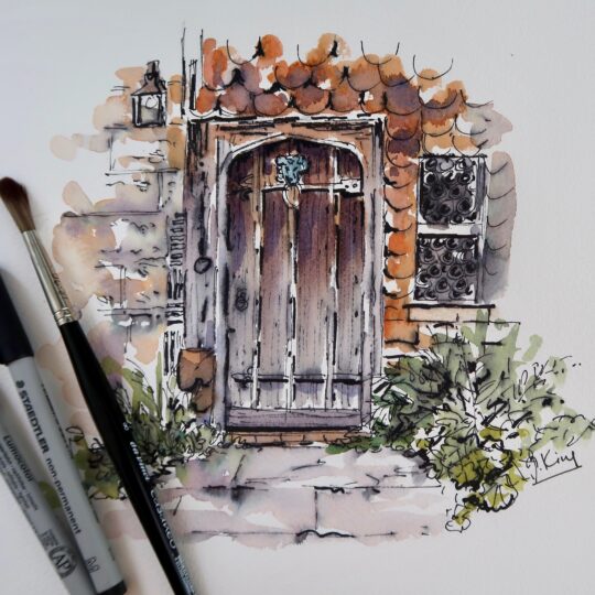 Rustic Door in Pen and Wash