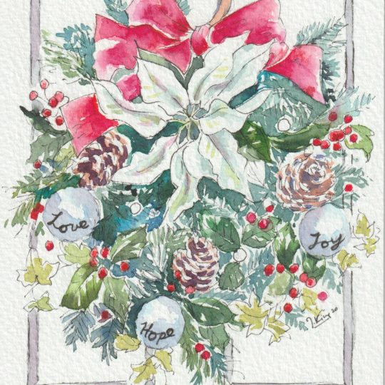Christmas wreath in Pen and  Watercolour